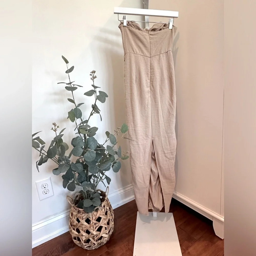PrettyLittleThing Stone Bandeau Cowl Detail Ruched MIDI Dress Size 0 - Picture 4 of 16
